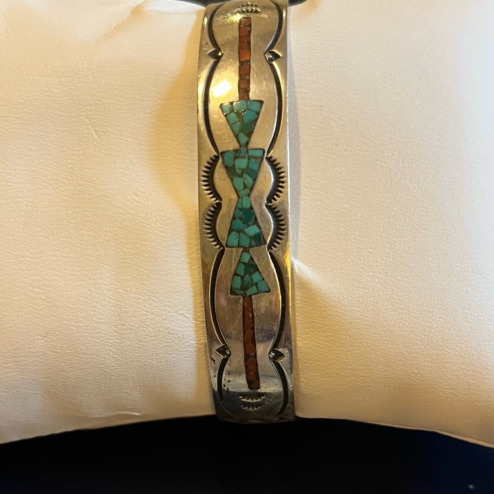 Genuine Navajo, Sterling Silver Bracelet with inlaid coral and turquoise